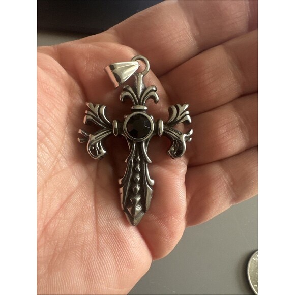 Cross Chain Pendant Double Sided Stone Viking Gothic Vintage Stainless Steel 24” - Picture 3 of 6